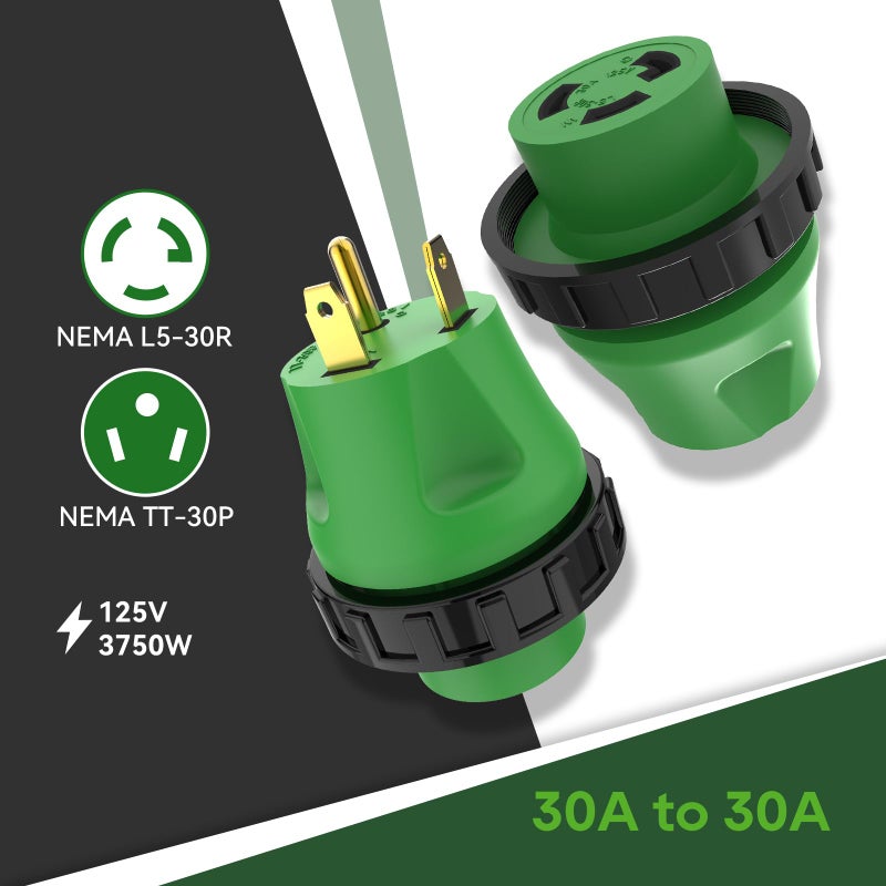 RVGUARD 30 Amp to 30 Amp RV Adapter Plug with Locking Connector, NEMA TT-30P to NEMA L5-30R Electrical Power Adapter, Green - Image 3